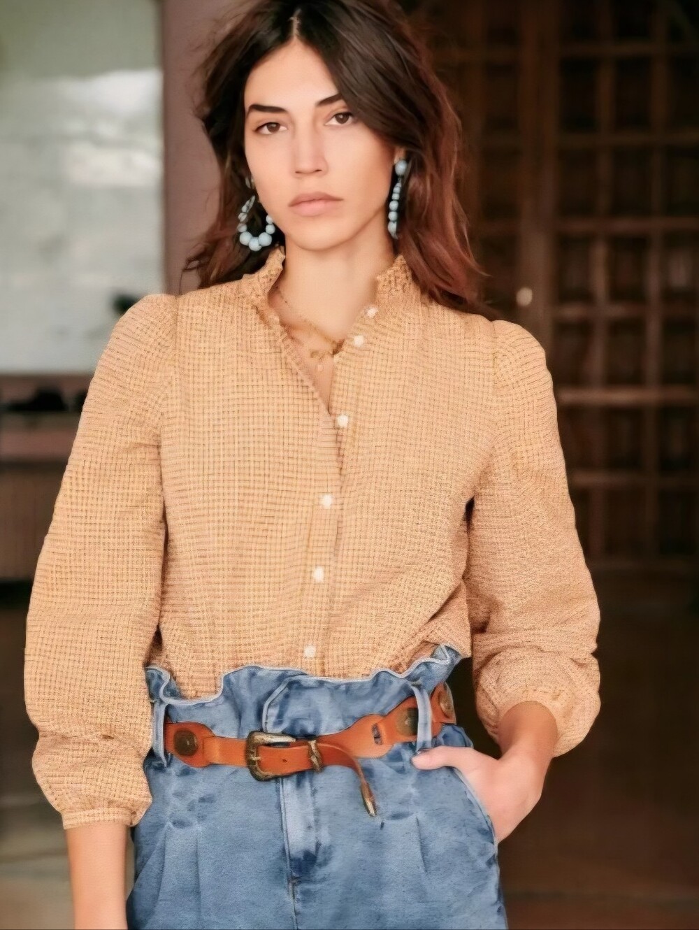 Sezane Orange & Cream Gingham Textured Button Down Cotton Blouse 44 / 12
